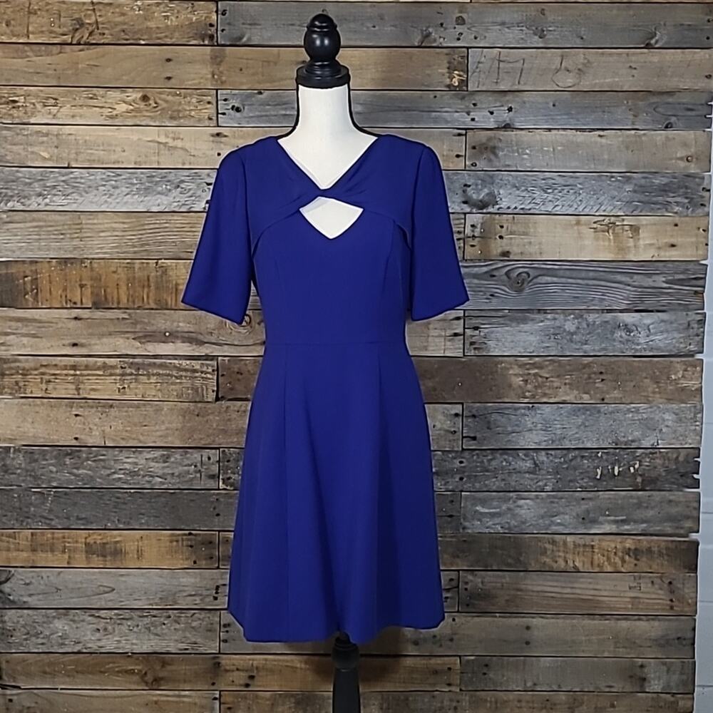 BCBGMAXAZRIA Dress sz 8 "Cypress" Orient Blue Cut Out Twist Neck A-Line Lined